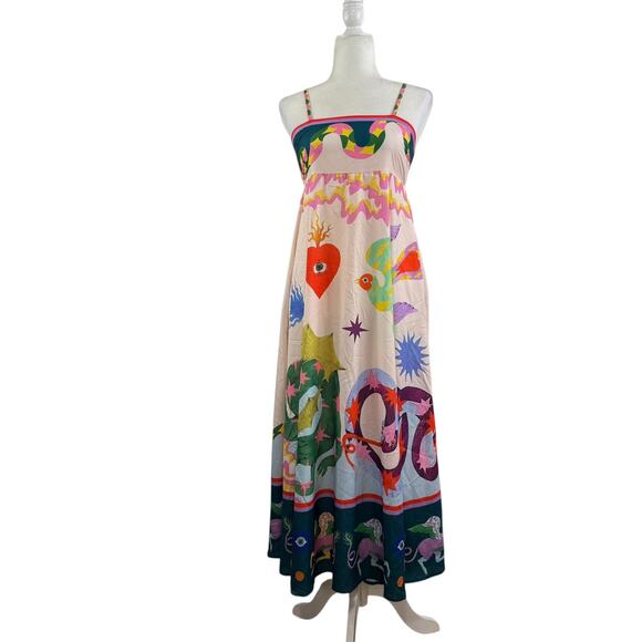 Bohemian Cami Maxi Dress Medium Graffiti Colorful Print Smocked Snake Dragon - Picture 2 of 16